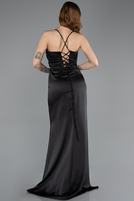Long Black Satin Prom Gown ABU5646