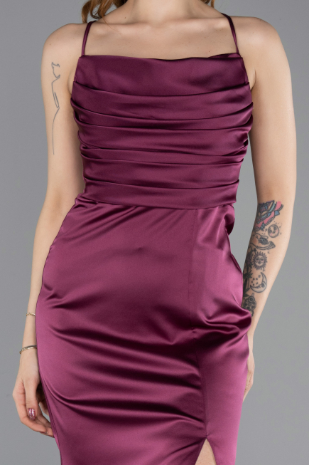 Long Cherry Colored Satin Prom Gown ABU5646