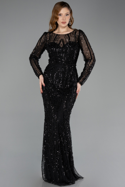Long Black Beaded Evening Dress ABU5649