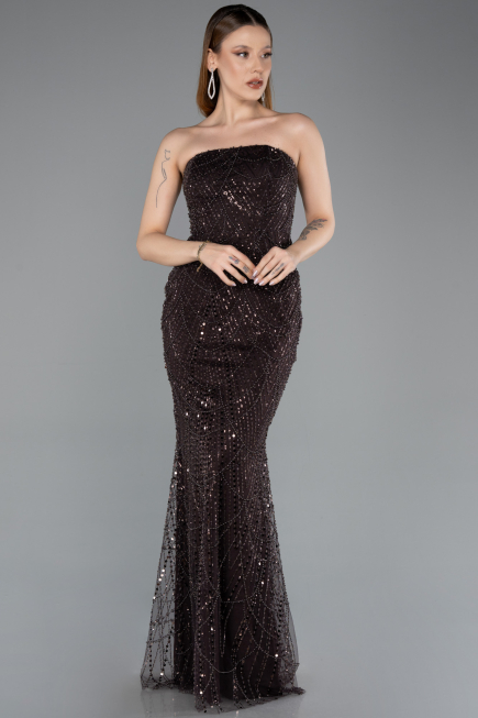 Long Brown Beaded Evening Dress ABU5652