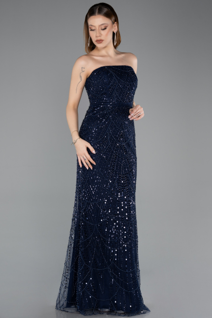 Long Navy Blue Beaded Evening Dress ABU5652