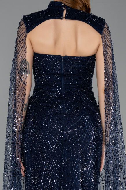 Long Navy Blue Beaded Evening Dress ABU5652