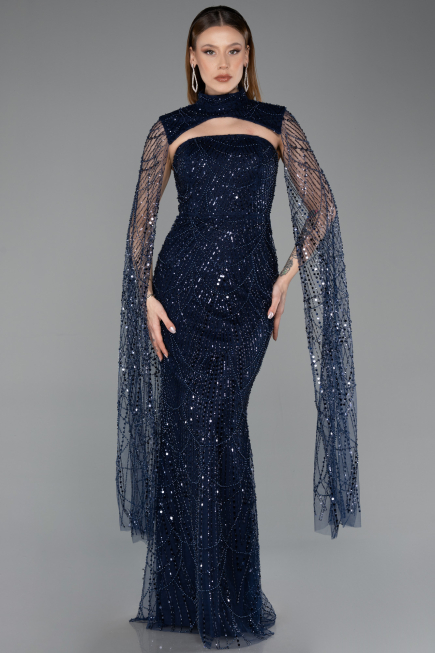 Long Navy Blue Beaded Evening Dress ABU5652