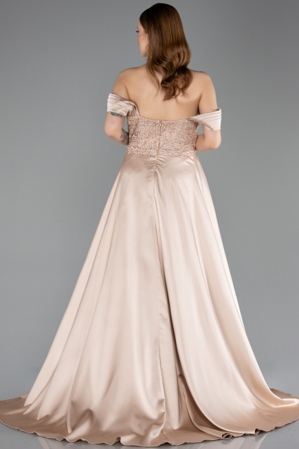 Beige Long Beaded Evening Dress ABU5542