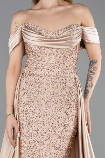Beige Long Beaded Evening Dress ABU5542