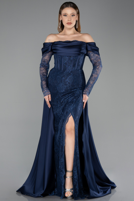 Long Navy Blue Dantelle Evening Dress ABU5653