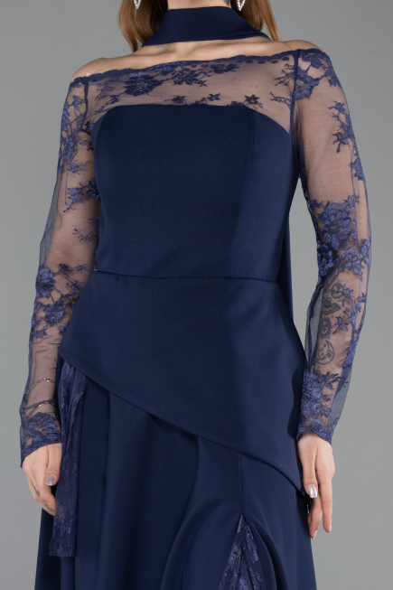 Long Navy Blue Dantelle Plus Size Evening Dress ABU5657