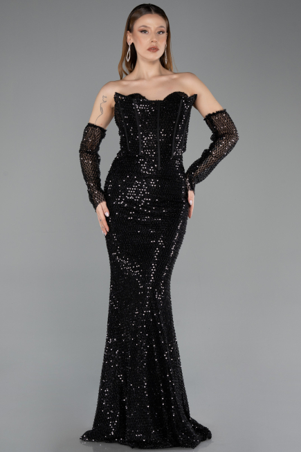 Long Black Beaded Evening Dress ABU5659