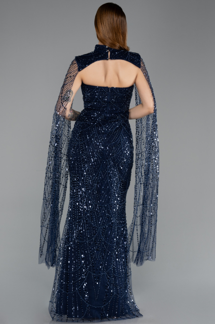 Long Navy Blue Beaded Evening Dress ABU5652