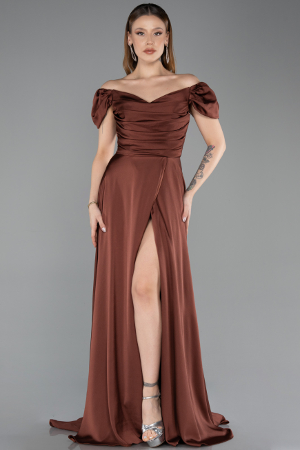 Brown Boat Neck Slit Long Satin Prom Gown ABU4508