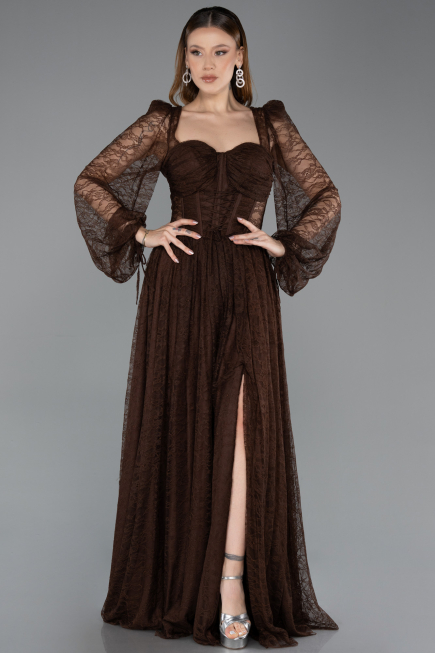 Brown Long Dantelle Evening Dress ABU5334