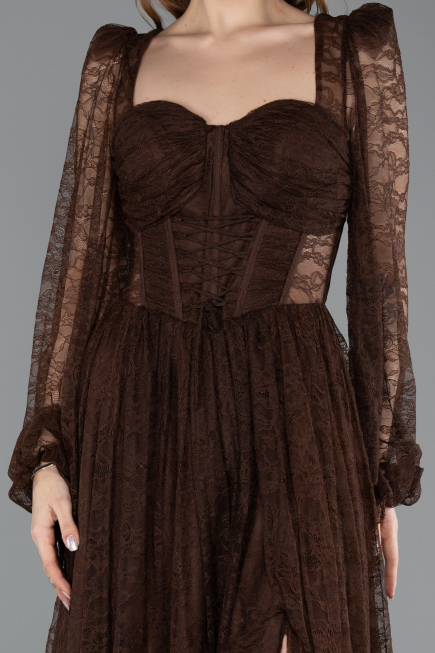Brown Long Dantelle Evening Dress ABU5334