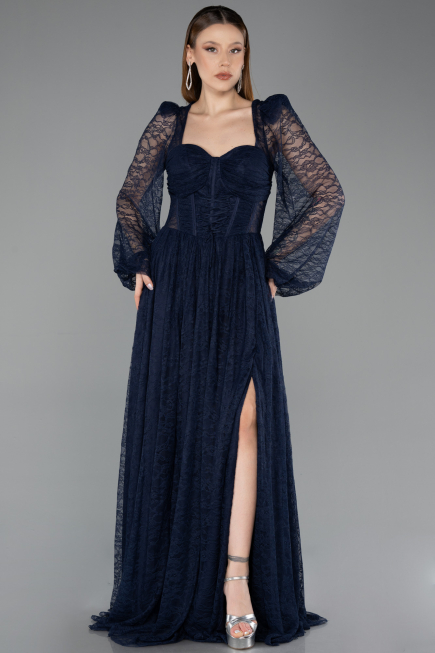 Navy Blue Long Dantelle Evening Dress ABU5334