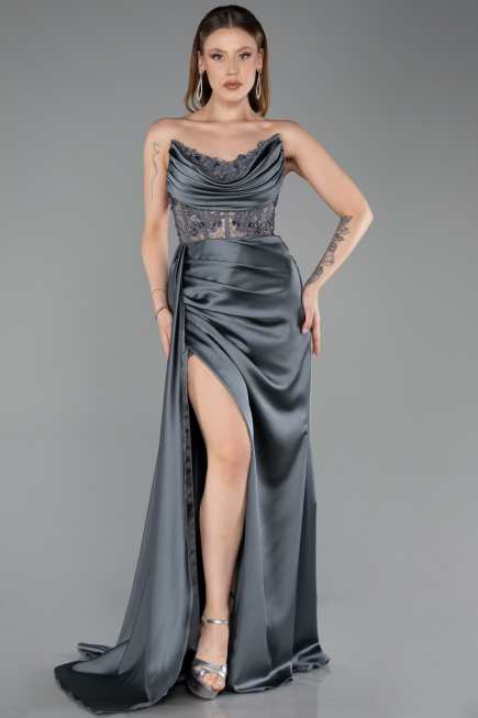 Anthracite Transparent Top Strapless Slit Long Satin Evening Gown ABU5578