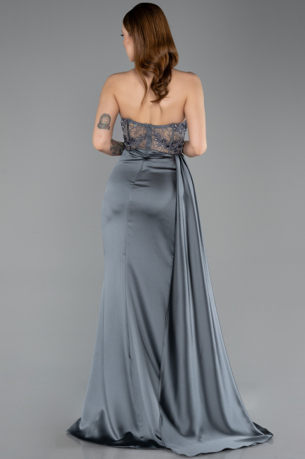 Anthracite Transparent Top Strapless Slit Long Satin Evening Gown ABU5578