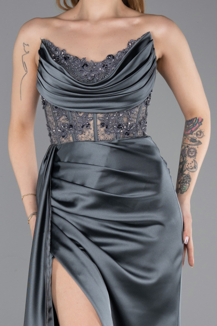 Anthracite Transparent Top Strapless Slit Long Satin Evening Gown ABU5578