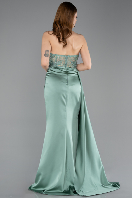 Mint Transparent Top Strapless Slit Long Satin Evening Gown ABU5578