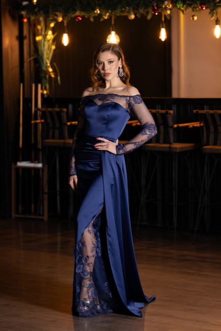 Long Navy Blue Satin Mermaid Evening Gown ABU5641