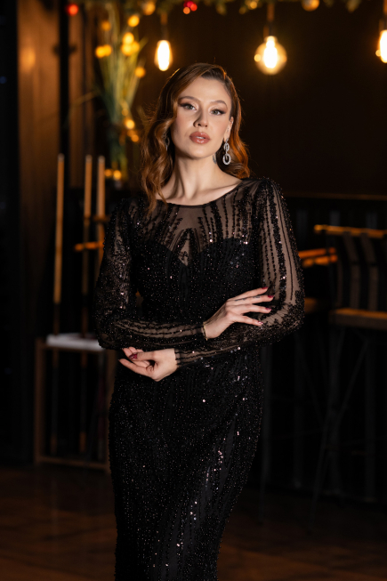 Long Black Beaded Evening Dress ABU5649