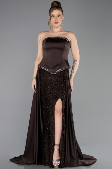 Long Brown Satin Evening Dress ABU5684
