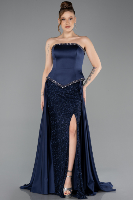 Long Navy Blue Satin Evening Dress ABU5684