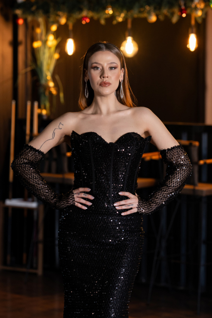 Long Black Beaded Evening Dress ABU5659