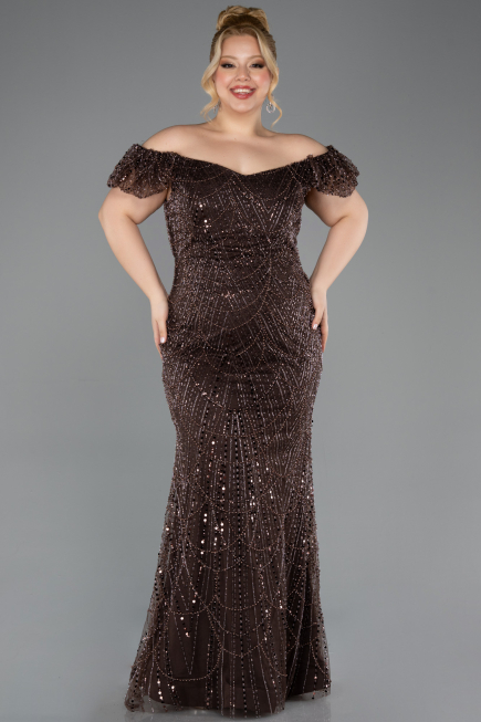 Long Brown Beaded Plus Size Evening Dress ABU5548