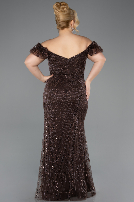 Long Brown Beaded Plus Size Evening Dress ABU5548