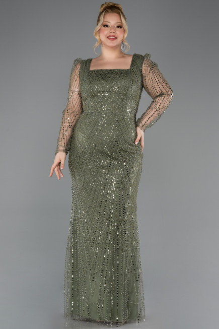 Olive Drab Long Beaded Plus Size Engagement Dress ABU4761