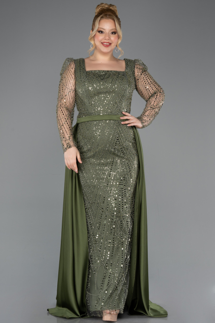 Olive Drab Long Beaded Plus Size Engagement Dress ABU4761