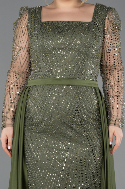 Olive Drab Long Beaded Plus Size Engagement Dress ABU4761