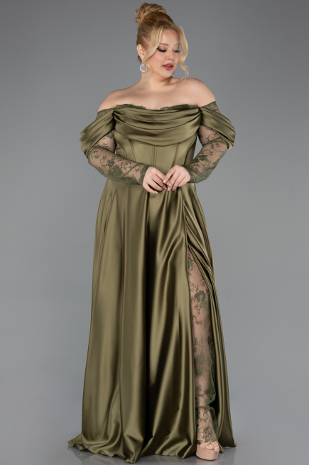 Long Olive Drab Satin Formal Plus Size Dress ABU5261