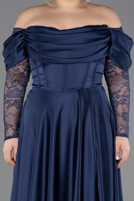 Long Navy Blue Satin Formal Plus Size Dress ABU5261