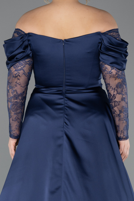 Long Navy Blue Satin Formal Plus Size Dress ABU5261