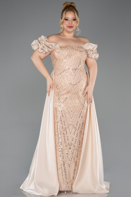 Gold Long Beaded Plus Size Evening Dress ABU5155
