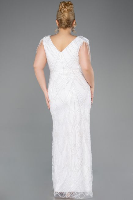 White Long Beaded Plus Size Evening Dress ABU5336