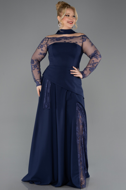 Long Navy Blue Dantelle Plus Size Evening Dress ABU5657