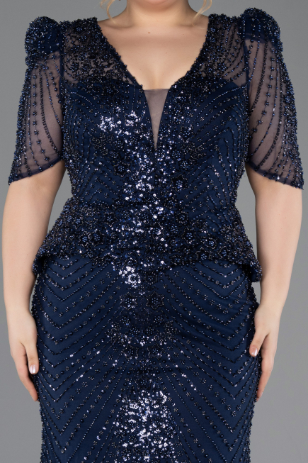 Long Navy Blue Beaded Plus Size Evening Gown ABU5692