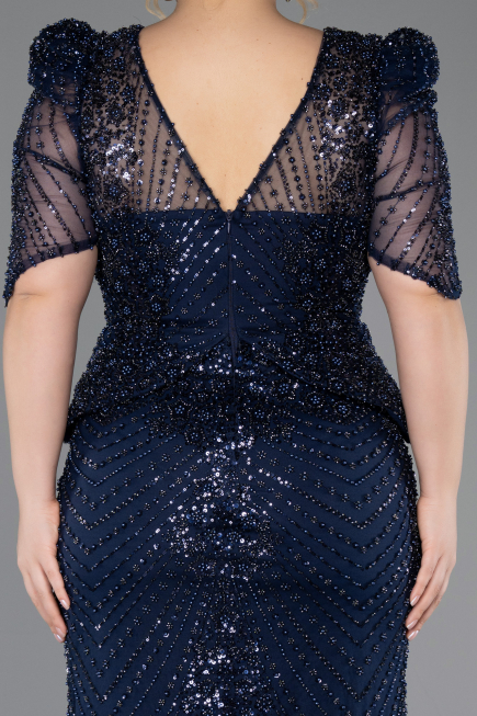 Long Navy Blue Beaded Plus Size Evening Gown ABU5692