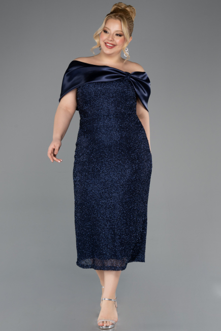 Midi Navy Blue Beaded Plus Size Cocktail Dress ABK2509