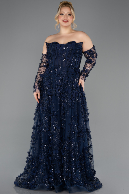 Long Navy Blue Plus Size Engagement Dress ABU5660