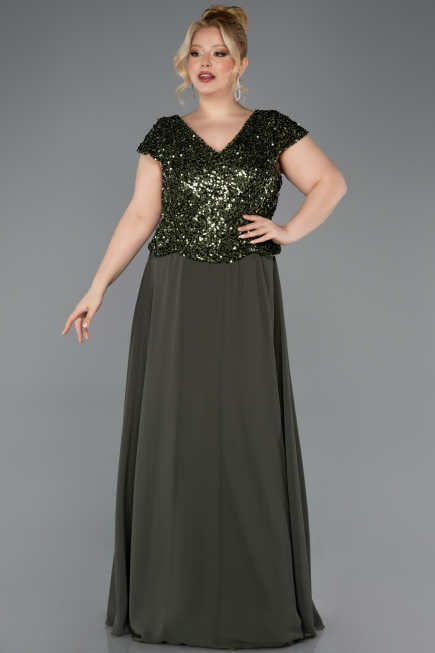 Long Olive Drab Chiffon Plus Size Evening Dress ABU5651