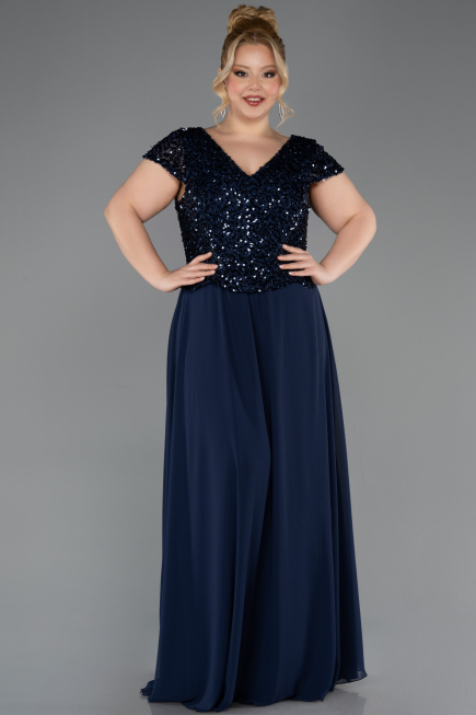 Long Navy Blue Chiffon Plus Size Evening Dress ABU5651