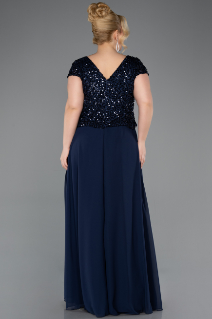 Long Navy Blue Chiffon Plus Size Evening Dress ABU5651