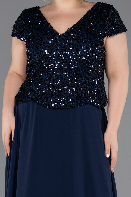 Long Navy Blue Chiffon Plus Size Evening Dress ABU5651