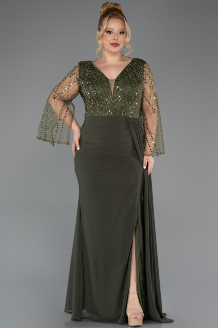 Long Olive Drab Chiffon Plus Size Evening Dress ABU5624