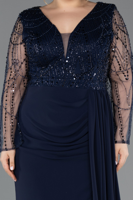Long Navy Blue Chiffon Plus Size Evening Dress ABU5624