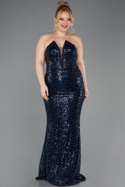 Long Navy Blue Beaded Plus Size Evening Gown ABU5698