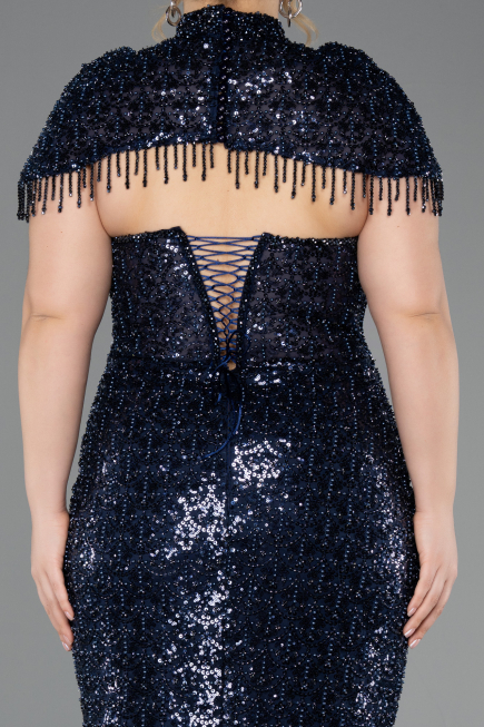 Long Navy Blue Beaded Plus Size Evening Gown ABU5698