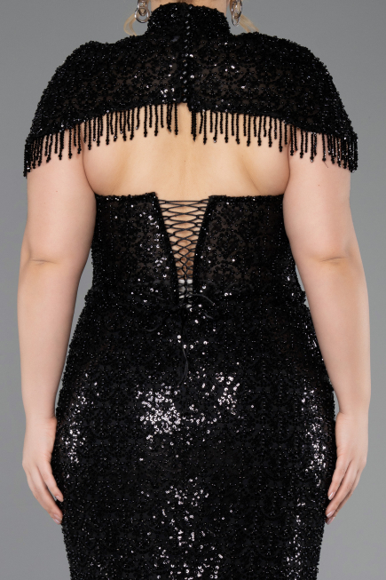 Long Black Beaded Plus Size Evening Gown ABU5698